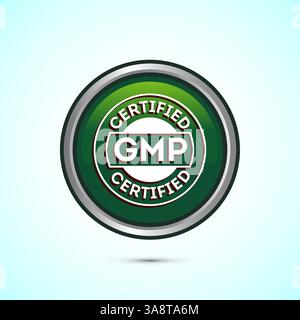 Illustrazione del design dell'icona con certificazione GMP. Badge di etichette di buone pratiche di produzione, design dei pulsanti Illustrazione Vettoriale