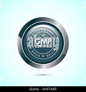 Illustrazione del design dell'icona con certificazione GMP. Badge di etichette di buone pratiche di produzione, design dei pulsanti Illustrazione Vettoriale