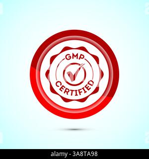 Illustrazione del design dell'icona con certificazione GMP. Badge di etichette di buone pratiche di produzione, design dei pulsanti Illustrazione Vettoriale