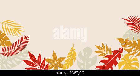 Sfondo giallo con foglie tropicali blu e verdi, illustrazione vettoriale con una vivace atmosfera estiva. Illustrazione Vettoriale