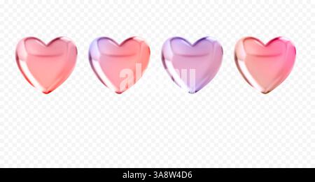 Set di cuori olografici in vetro vettoriale 3D. Illustrazione Vettoriale