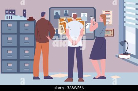 Detective di gruppo in ufficio che cercano il comitato investigativo. Agenti di polizia, detective privato al lavoro. Persone in abiti civili che pensano al crimine Illustrazione Vettoriale