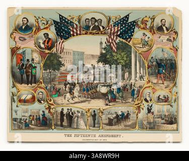 Il quindicesimo emendamento ha celebrato il 19 maggio 1870. Mostra una parata che celebra l'approvazione del XV emendamento alla Costituzione degli Stati Uniti - il terzo e ultimo degli emendamenti alla ricostruzione. Circondato da personalità anti-schiavitù come John Brown, Frederick Douglas e Abraham Lincoln. 1870 Foto Stock