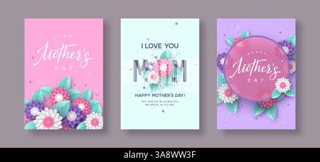 Set di cartoline e poster floreali tipografici per la festa della mamma felice. Illustrazione Vettoriale