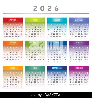 2026 Calendario con scatole in colori arcobaleno 4 colonne - francese Illustrazione Vettoriale