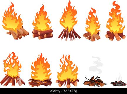 Fuoco da campeggio in legno. Campeggi legna da ardere, falò di segnalazione sulla spiaggia, caminetto esterno con carbone bruciato o legno di legno fuoco fuoco fuoco fuoco fuoco fuoco fuoco fuoco fuoco fuoco da campeggio, illustrazione vettoriale ordinata opere d'arte originali Illustrazione Vettoriale
