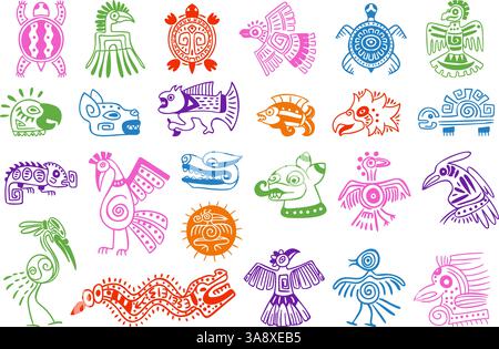 Simboli animali Maya. Mitologia Maya azteca inca animali geroglifici totem, antico tatuaggio tribale indiano perù etnico messicano segno di cultura aquila uccello, stravagante illustrazione vettoriale opera d'arte originale Illustrazione Vettoriale