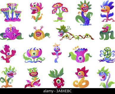 Piante mostruose. Fiore fantasia carnivoro con denti spaventosi, piante carnivore aliene fiori esotici tossici trappola mosca halloween gioco mostri set, cartoni animati illustrazioni vettoriali originali Illustrazione Vettoriale