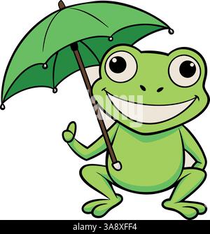 Illustrazione vettoriale di una rana verde sorridente che regge l'ombrello. Illustrazione Vettoriale