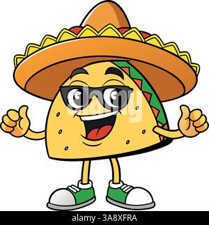 Happy taco Character con illustrazione vettoriale sombrero. Illustrazione Vettoriale