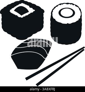 Rotoli di sushi giapponesi con bacchette dal design minimalista in bianco e nero. Illustrazione Vettoriale