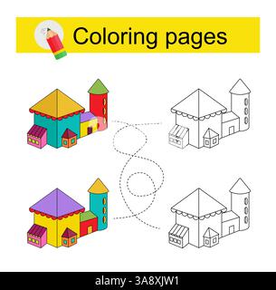 Gioco educativo per bambini. Attraversa il labirinto e colora una casa dei cartoni animati secondo lo schema. Illustrazione vettoriale. Illustrazione Vettoriale