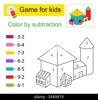 Pagine da colorare. Colore per sottrazione. Illustrazione vettoriale per l'educazione dei bambini. Casa dei cartoni animati Illustrazione Vettoriale