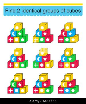 Puzzle per bambini. È necessario trovare due gruppi di cubi identici. Compito per lo sviluppo dell'attenzione e della logica. Illustrazione vettoriale. Illustrazione Vettoriale