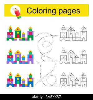 Gioco educativo per bambini. Attraversa il labirinto e colora un castello di cartoni animati secondo il modello. Illustrazione vettoriale. Illustrazione Vettoriale