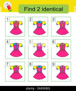 Divertente puzzle game. Devo trovare due abiti identici. La risposta è 2,8. Illustrazione vettoriale. Illustrazione Vettoriale