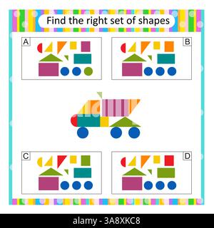 Puzzle per bambini. Trovare il set corretto di autocarro con cassone ribaltabile cartoni animati. Illustrazione vettoriale. La risposta è B.. Illustrazione Vettoriale