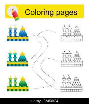 Gioco educativo per bambini. Attraversa il labirinto e colora una moschea di cartoni animati secondo lo schema. Illustrazione vettoriale. Illustrazione Vettoriale