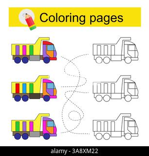 Gioco educativo per bambini. Attraversa il labirinto e colora un camion dei cartoni animati in base al modello. Illustrazione vettoriale. Illustrazione Vettoriale