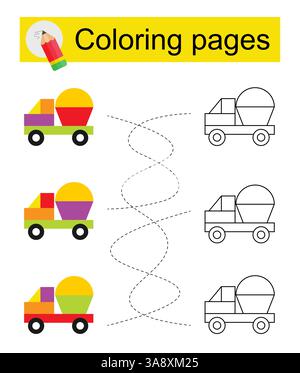 Gioco educativo per bambini. Attraversa il labirinto e colora un camion dei cartoni animati in base al modello. Illustrazione vettoriale. Illustrazione Vettoriale