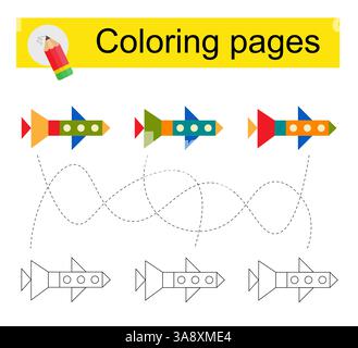 Gioco educativo per bambini. Attraversa il labirinto e colora un aeroplano cartoni animati secondo lo schema. Illustrazione vettoriale. Illustrazione Vettoriale