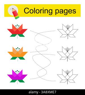 Gioco educativo per bambini. Attraversa il labirinto e colora un fiore di cartone animato secondo il motivo. Illustrazione vettoriale. Illustrazione Vettoriale