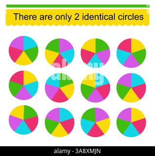 Divertente puzzle per bambini. Dobbiamo trovare due cerchi identici. Compito per lo sviluppo dell'attenzione e della logica. Vettore. Illustrazione Vettoriale