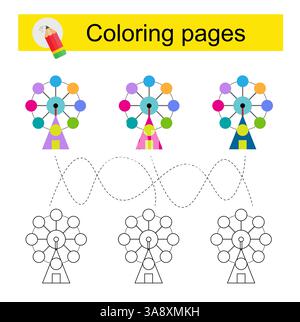 Gioco educativo per bambini. Attraversa il labirinto e colora una ruota panoramica cartoni animati in base al modello. Illustrazione vettoriale. Illustrazione Vettoriale
