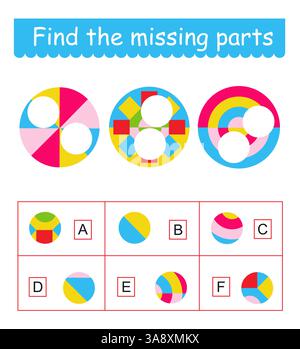 Gioco mentale. Compito per lo sviluppo della logica per i bambini. Trovate i pezzi mancanti. Illustrazione vettoriale. Illustrazione Vettoriale