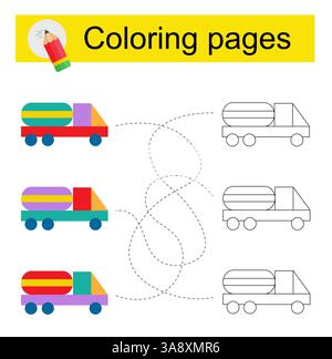Gioco educativo per bambini. Attraversa il labirinto e colora un camion dei cartoni animati in base al modello. Illustrazione vettoriale. Illustrazione Vettoriale
