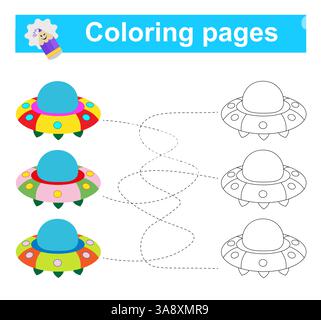 Gioco educativo per bambini. Attraversa il labirinto e colora il piattino volante secondo lo schema. Illustrazione vettoriale. Illustrazione Vettoriale