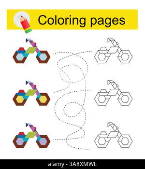 Gioco educativo per bambini. Attraversa il labirinto e colora una bicicletta a cartoni animati in base al modello. Illustrazione vettoriale. Illustrazione Vettoriale