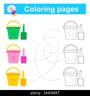 Gioco educativo per bambini. Attraversa il labirinto e colora il secchio in base al motivo. Illustrazione vettoriale. Illustrazione Vettoriale