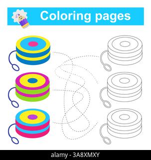 Gioco educativo per bambini. Attraversa il labirinto e colora lo yo yo-yo in base al motivo. Illustrazione vettoriale. Illustrazione Vettoriale