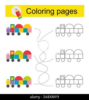 Gioco educativo per bambini. Attraversa il labirinto e colora un treno di cartoni animati secondo lo schema. Illustrazione vettoriale. Illustrazione Vettoriale
