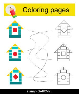 Gioco educativo per bambini. Attraversa il labirinto e colora una casa dei cartoni animati secondo lo schema. Illustrazione vettoriale. Illustrazione Vettoriale