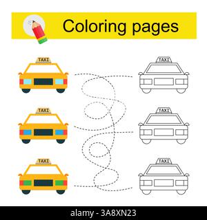 Gioco educativo per bambini. Attraversa il labirinto e colora un taxi cartoni animati secondo lo schema. Illustrazione vettoriale. Illustrazione Vettoriale