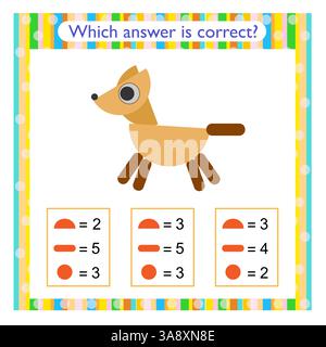 Attività matematica per bambini. È necessario trovare la risposta corretta. Attività del foglio di lavoro in età prescolare. Illustrazione vettoriale di un cane da cartone animato. Illustrazione Vettoriale