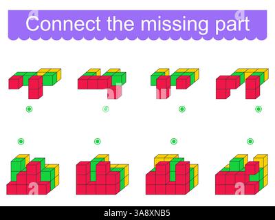 Divertente puzzle per bambini. È necessario collegare la parte mancante. Compito per lo sviluppo dell'attenzione e della logica. Illustrazione vettoriale. Illustrazione Vettoriale