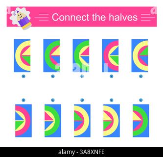 Gioco di logica. Materiale educativo per bambini. È necessario fınd metà delle forme geometriche. Illustrazione vettoriale. Illustrazione Vettoriale