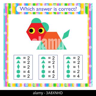 Attività matematica per bambini. È necessario trovare la risposta corretta. Animale da cartone animato. Attività del foglio di lavoro in età prescolare. Illustrazione Vettoriale