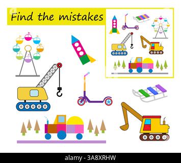 Gioco di logica per bambini. Devo trovare gli errori nelle immagini. Intelligenza visiva. Illustrazione vettoriale. Illustrazione Vettoriale