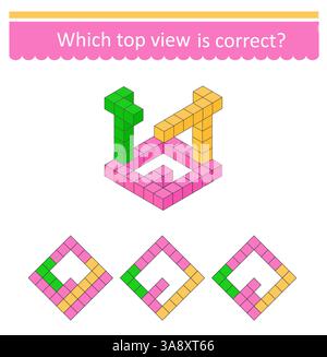 Gioco di logica. Individuare la vista dall'alto corretta dei cubi. Attività di attenzione per i bambini. Test di formazione IQ. Illustrazione Vettoriale