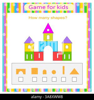 Gioco educativo per bambini. Il palazzo sotto forma di forme geometriche. Contare quanti rettangoli, triangoli, quadrati, cerchi. Illustrazione Vettoriale