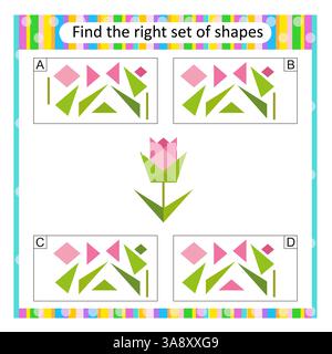 Puzzle per bambini. Attività di attenzione. Trova il set corretto di fiori di cartone animato. Illustrazione vettoriale. La risposta è B.. Illustrazione Vettoriale