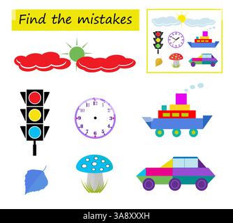 Gioco di logica per bambini. Devo trovare gli errori nelle immagini. Intelligenza visiva. Illustrazione vettoriale. Illustrazione Vettoriale