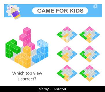 Individuare il vıew superiore corretto dei cubi. Gioco di logica. Attività di attenzione per i bambini. Test di formazione IQ. Illustrazione Vettoriale