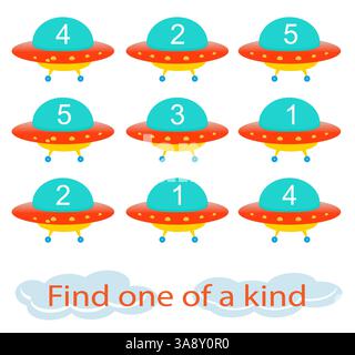 Divertente gioco educativo per bambini. Devo trovare un disco volante unico nel suo genere. Pagina attività per bambini. Illustrazione vettoriale. Illustrazione Vettoriale