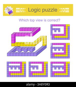 Puzzle logico. Quale vista dall'alto è corretta? Test di formazione IQ. Foglio di lavoro stampabile. Illustrazione vettoriale. Illustrazione Vettoriale