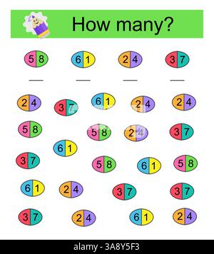 Attività matematica per bambini. È necessario trovare la risposta corretta. Domino dei cartoni animati. Attività del foglio di lavoro in età prescolare. Illustrazione Vettoriale